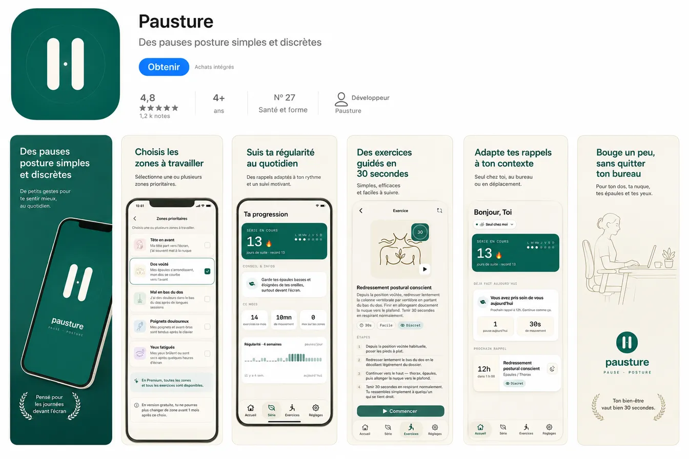 Écrans de Pausture : choix des zones à travailler, suivi de la régularité, exercice guidé de 30 secondes et rappels adaptés